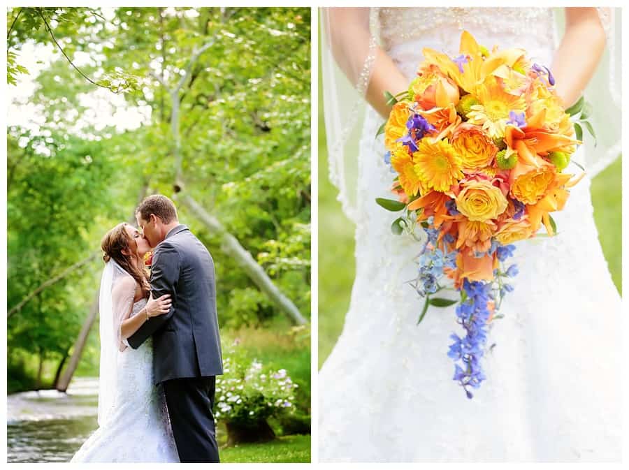 bride and groom at river