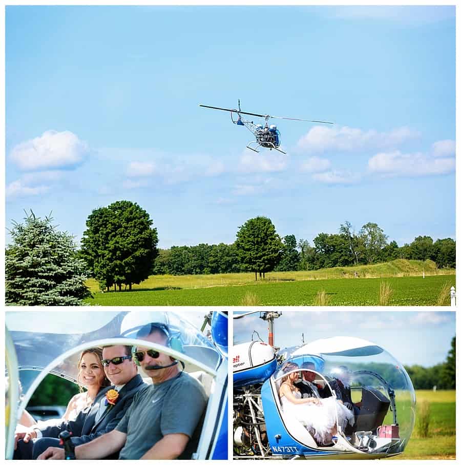 bride and groom in helicopter