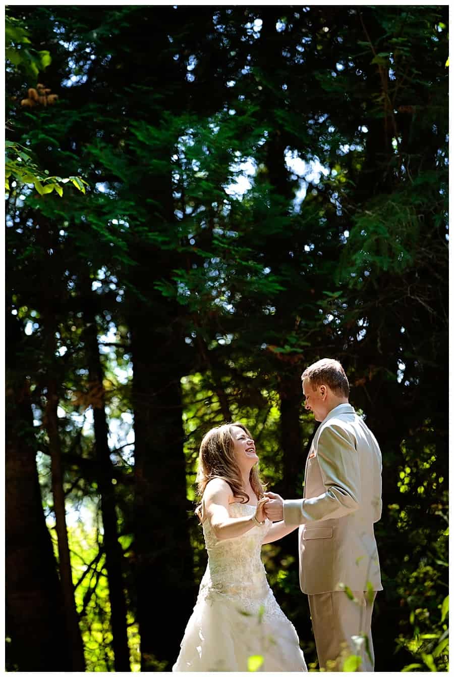 bride groom first look in forest