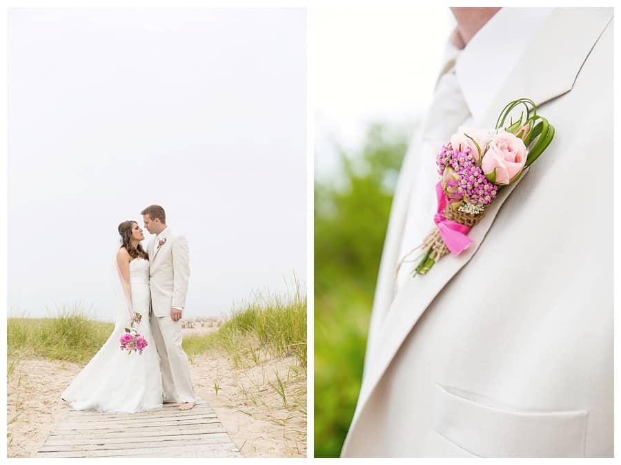 bride and groom in fog at beach wedding