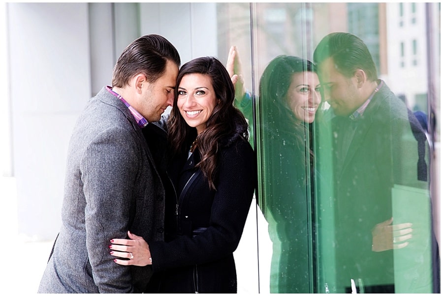 Couples winter engagement photos at art museum