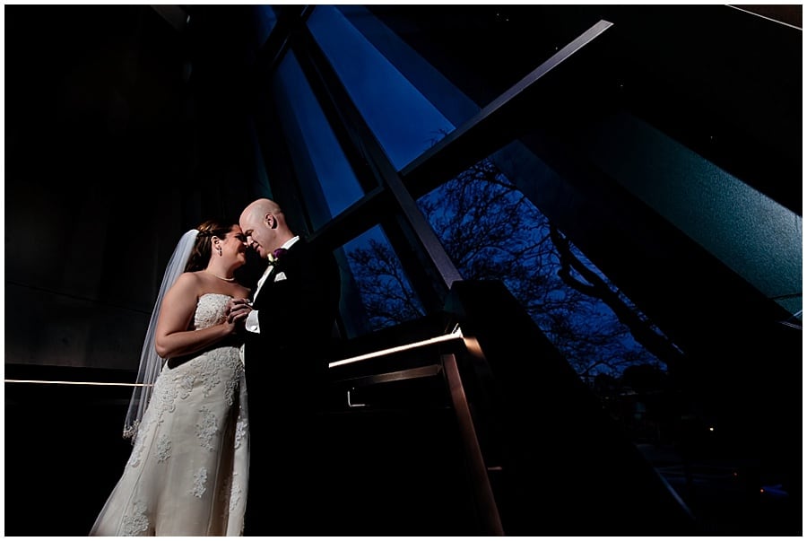 Night time portrait of bride and groom in the eli broad museum