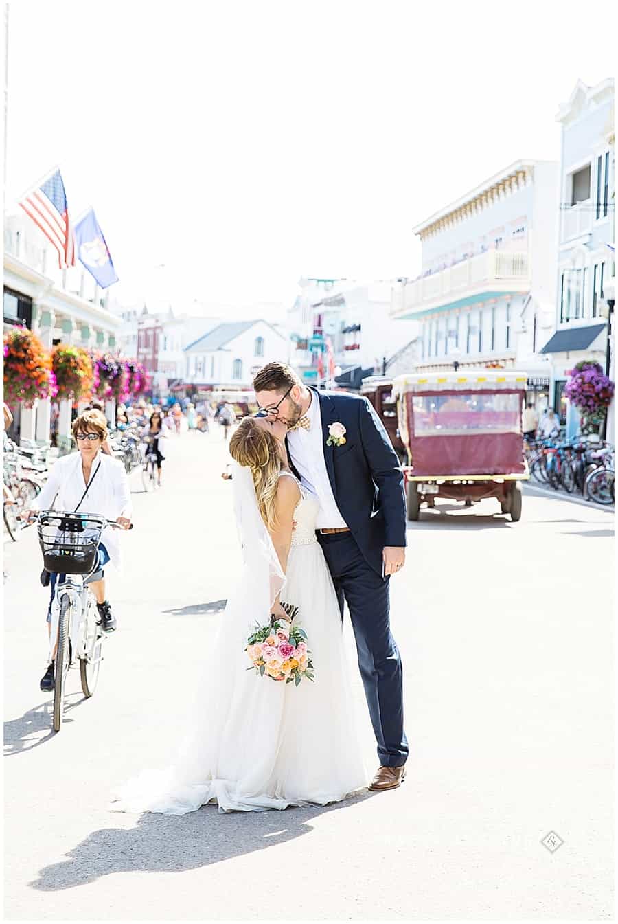 Bride and Groom on Main Street on Mackinac Island