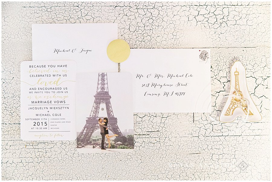 Engaged in Paris and coordinated wedding invitations