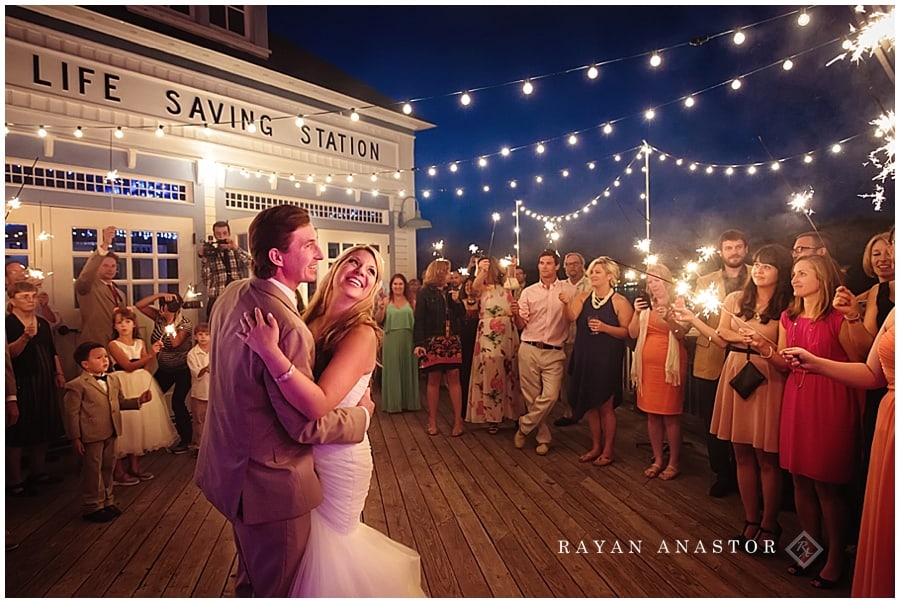 Sparkler first dance under a full moon for bride and groom