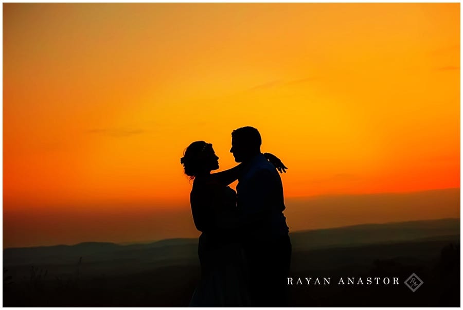 Sunset photo of bride and groom at the top of crystal mountain resort