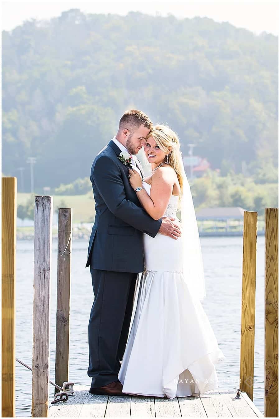 bride and groom in downtown frankfort on the dock