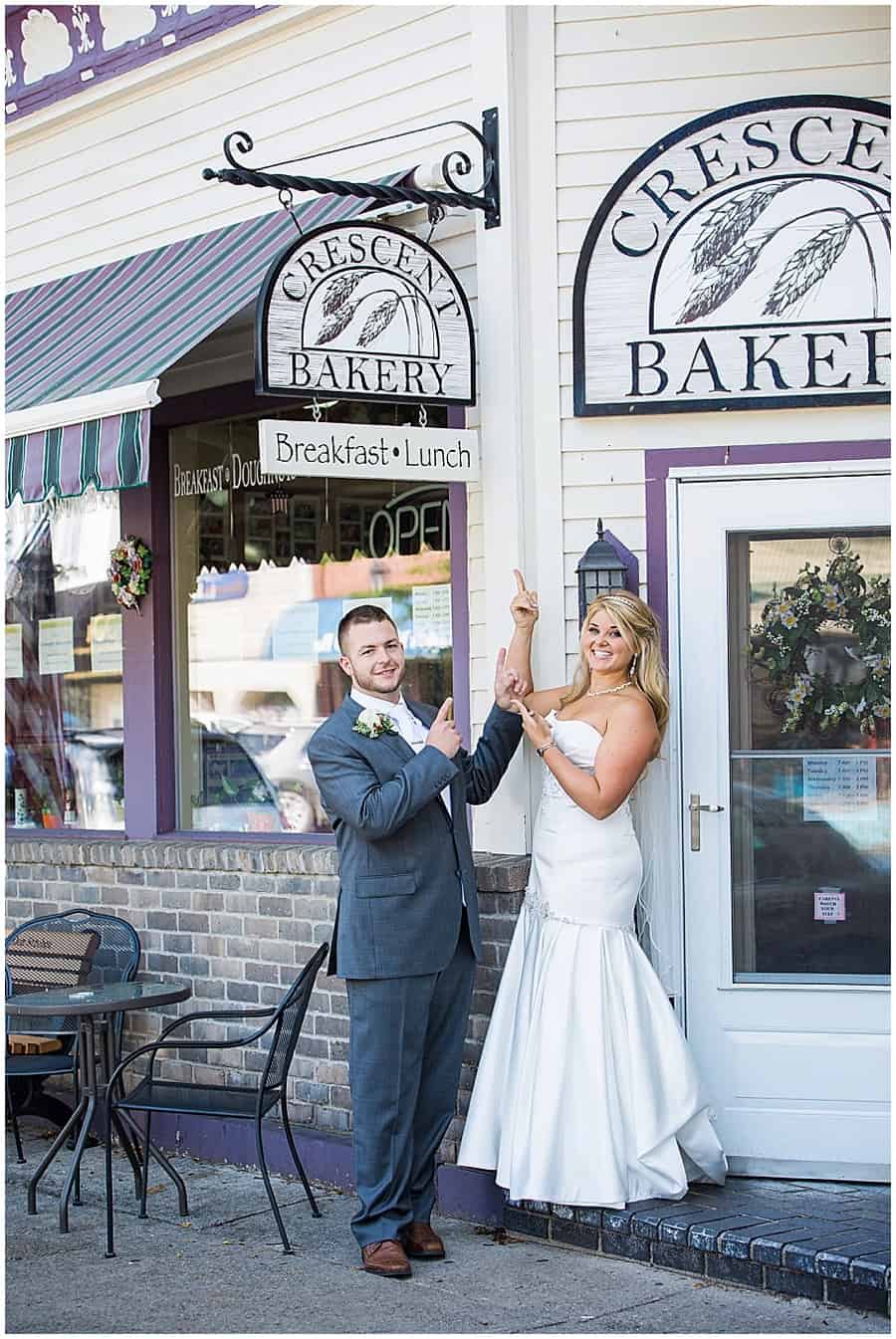 bride and groom at crescent bakery