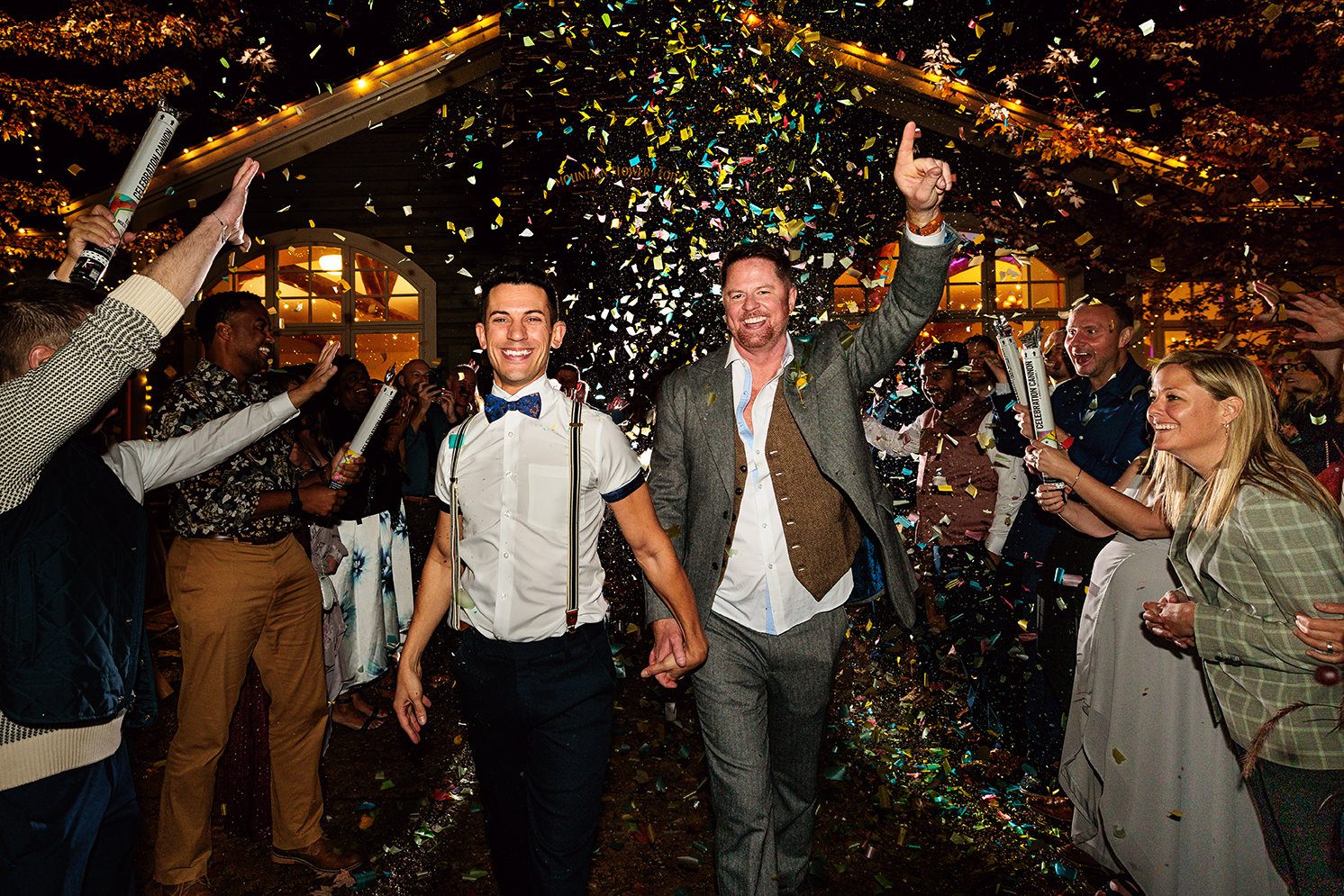 Grooms married at the Homestead in Northern Michigan with confetti