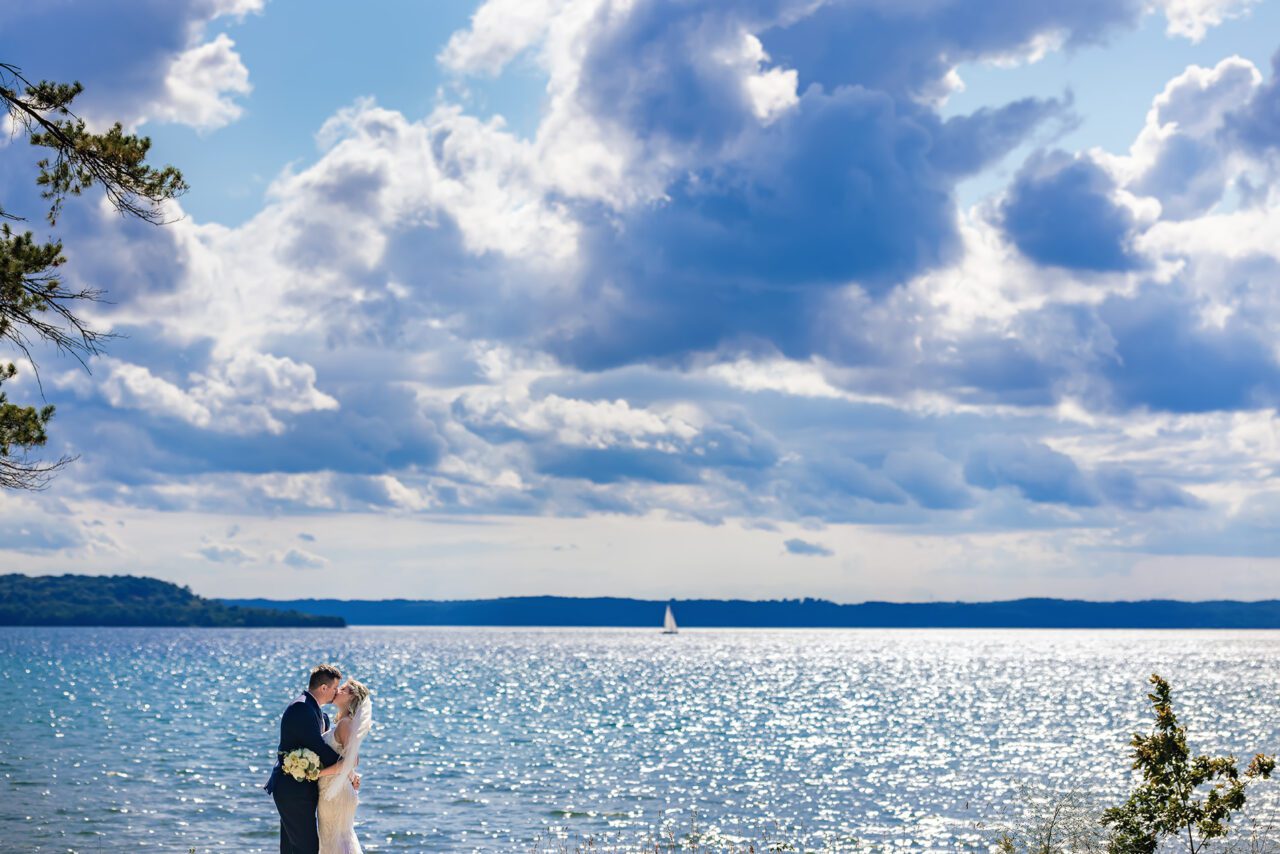 couple after wedding overlooking grand traverse bay