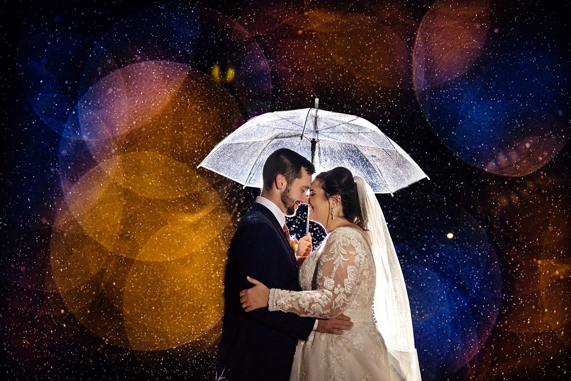 Snowy night photo for bride and groom