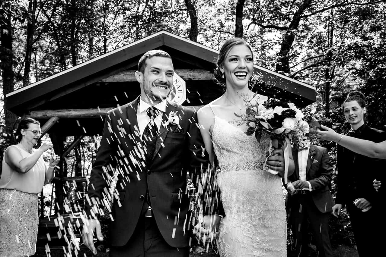 Bride and Groom married and throwing lavender