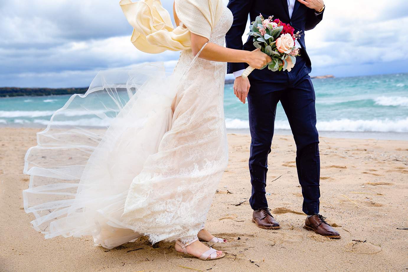 snow storm during Lake Michigan beach wedding