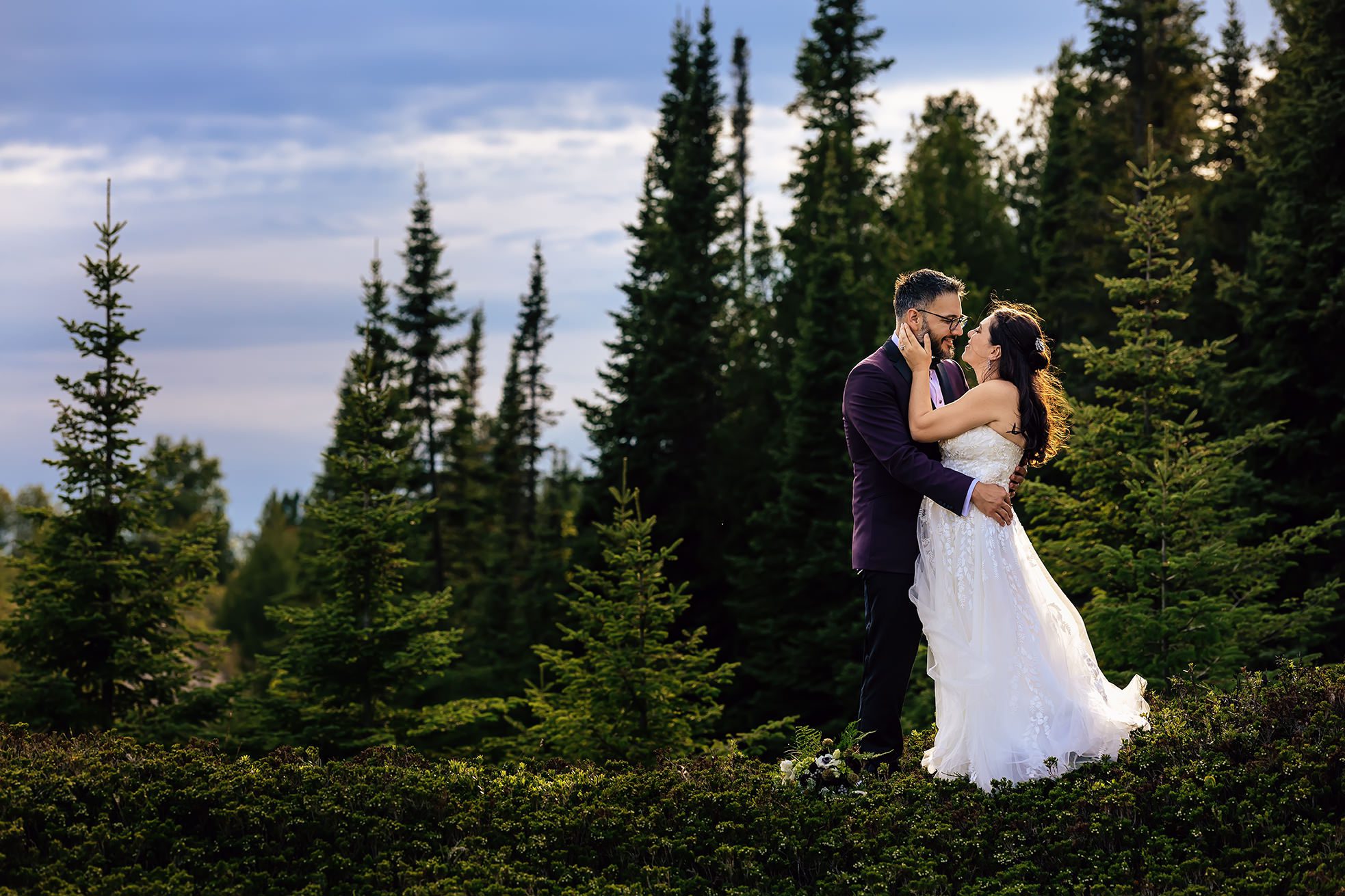 Bride and Groom in Northern Michigan Pine Tree Stand