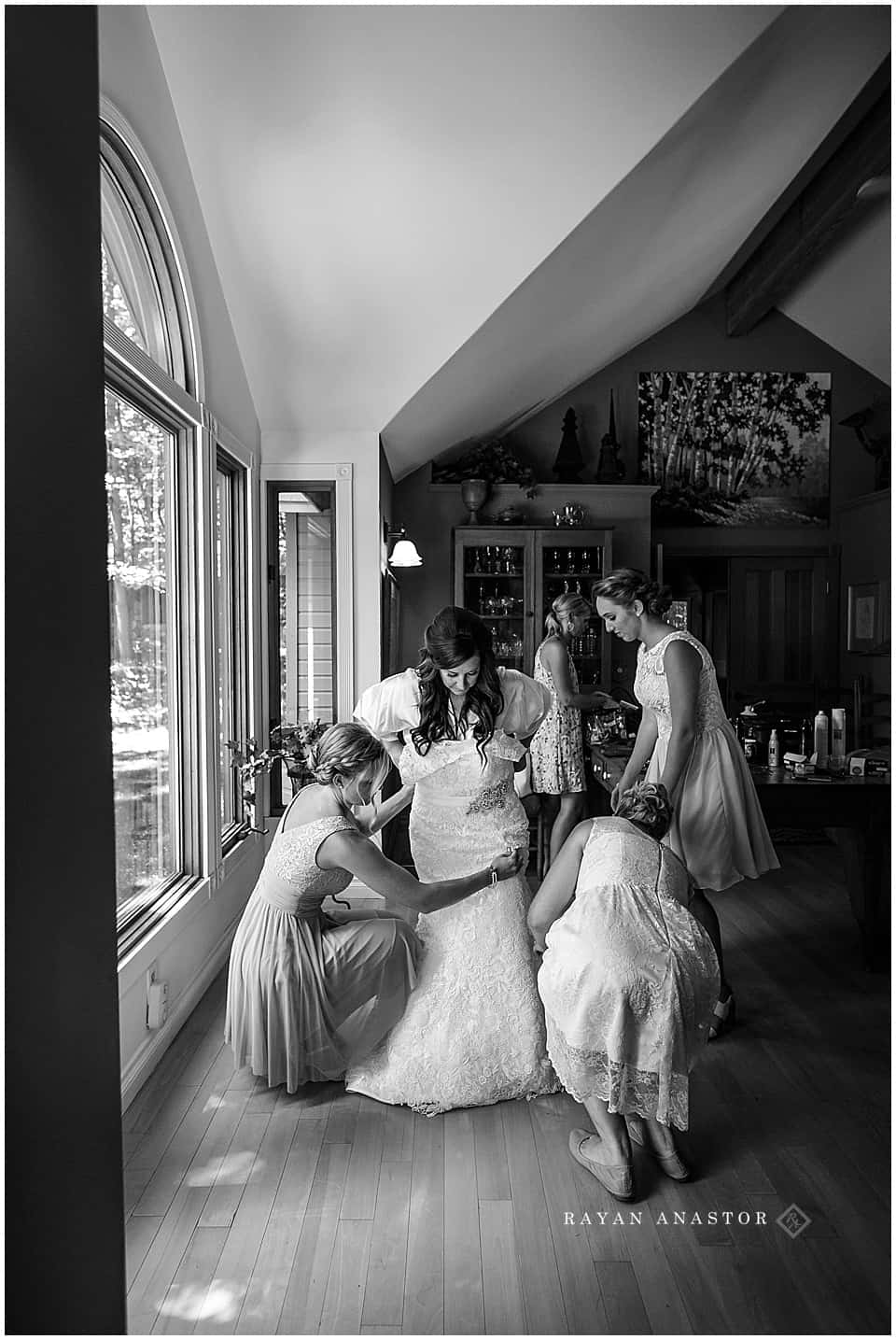 Bride getting ready at cottage on Crystal Lake