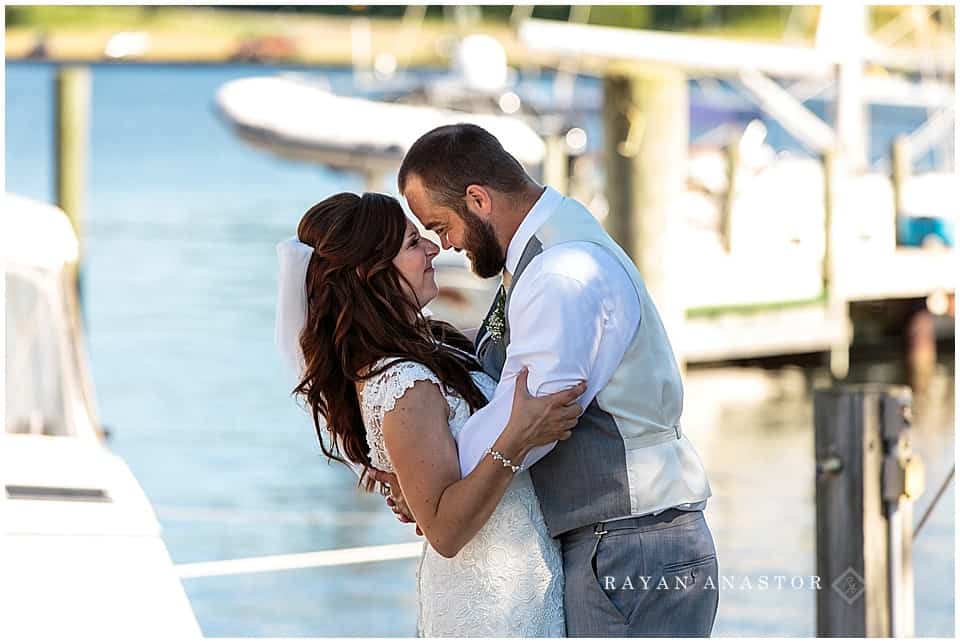bride and groom at marina