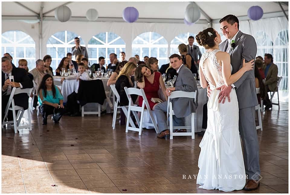 bride and groom first dance at reception at the inn at stonecliffe