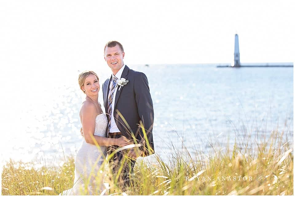 Bride and Groom after wedding on Lake Michigan at Harbor Lights Resort