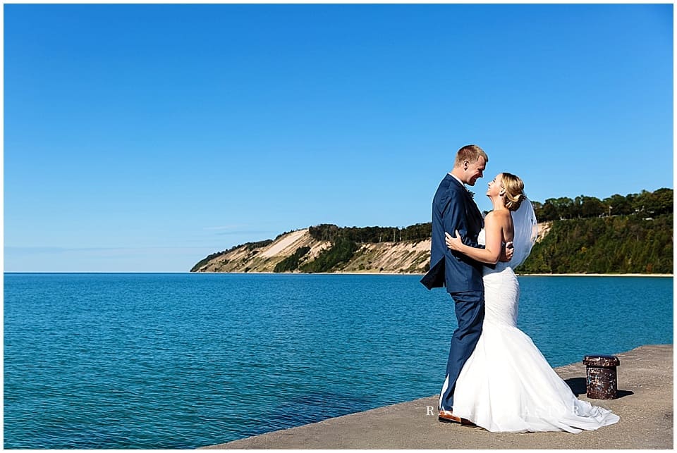 Bride and Groom on Lake Michigan in Frankfort at Harbor Lights Resort