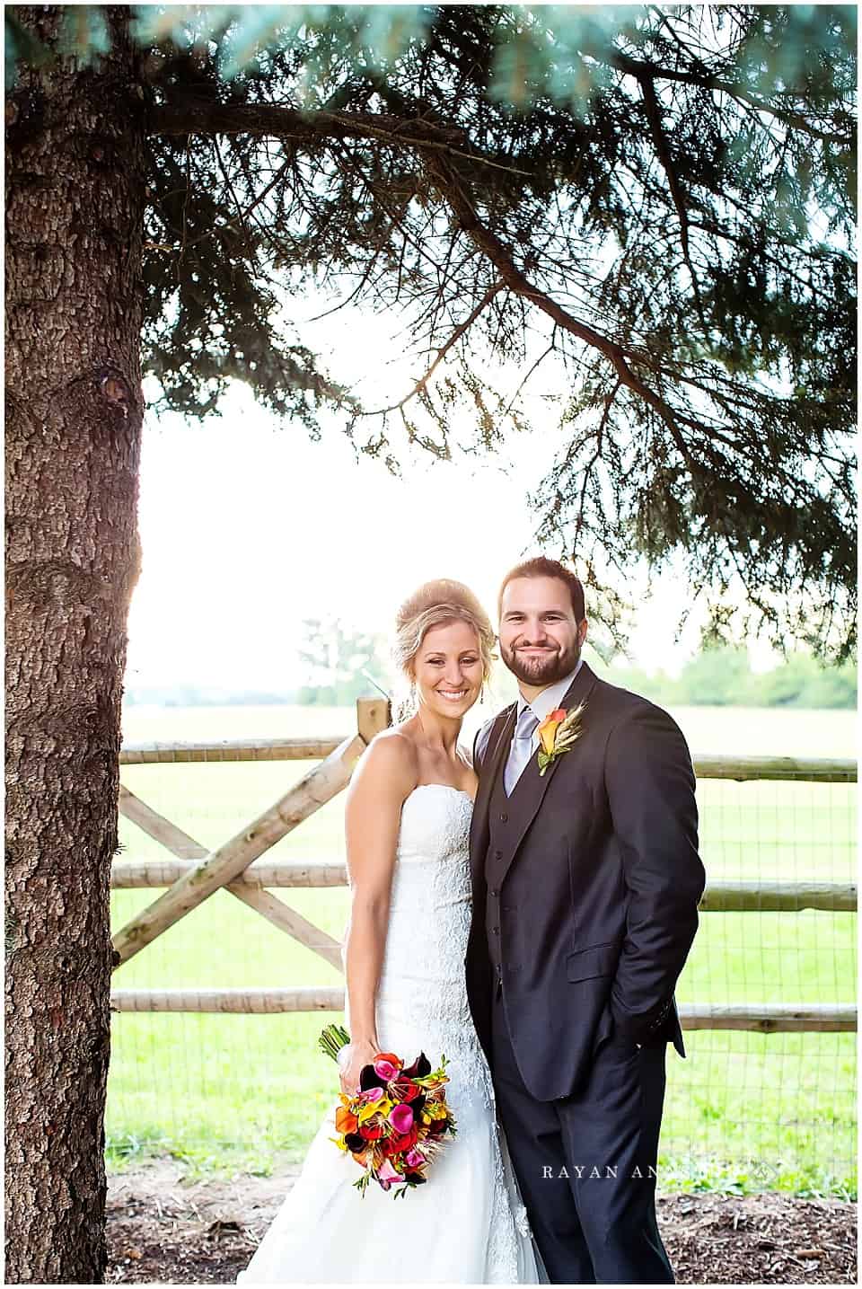 bride and groom after wedding on farm