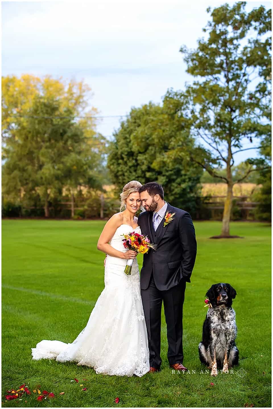 bride and groom after wedding on farm