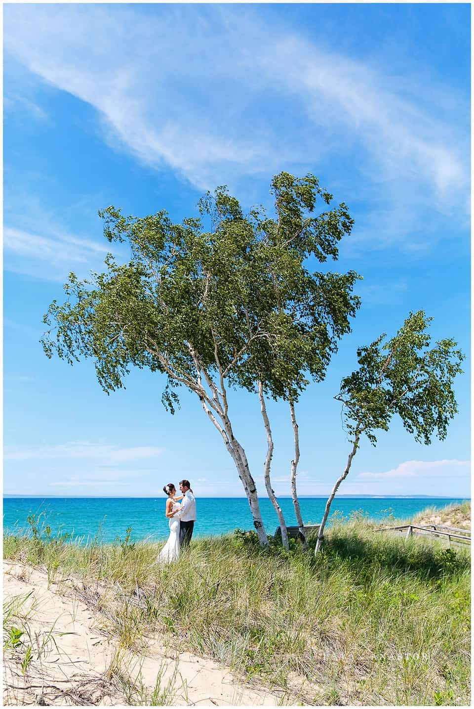 Bride and Groom on Lake Michigan at first look