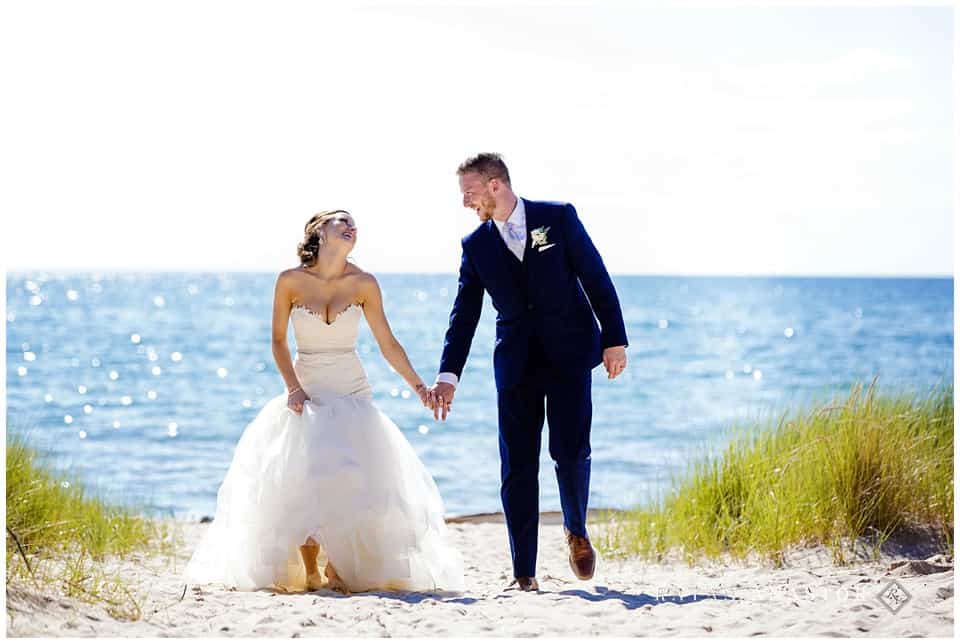 bride and groom on beach