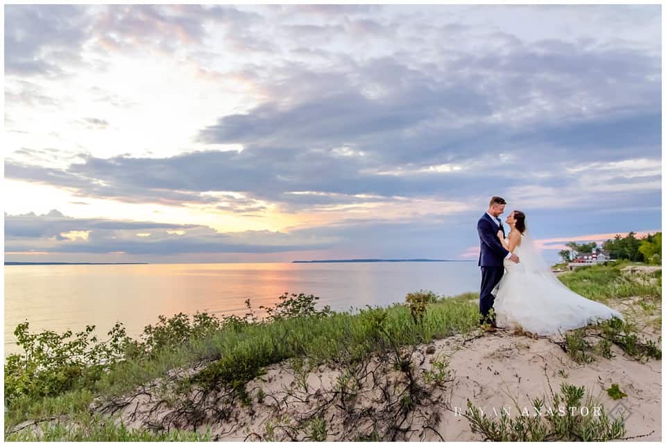 wedding portraits at sunset on lake michigan