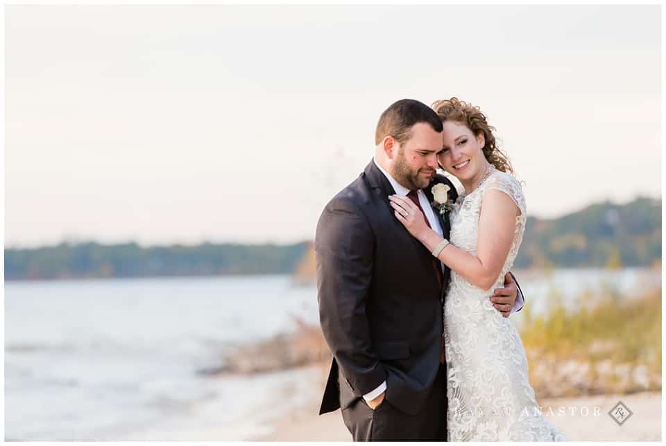 Bride and Groom at sunset on lake michigan