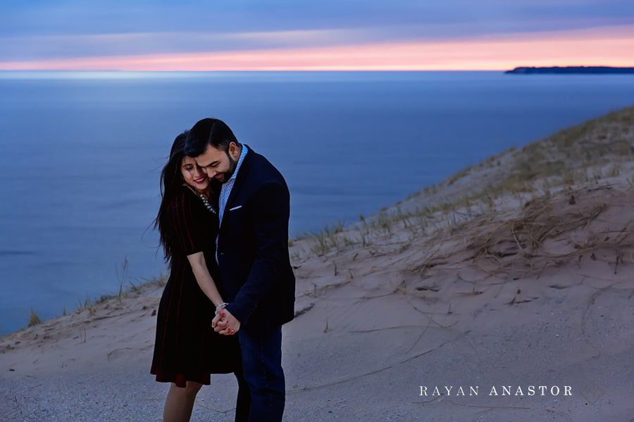 newly engaged couple in sleeping bear national park