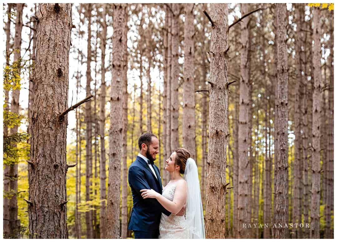 wedding couple in pine trees in northern Michigan