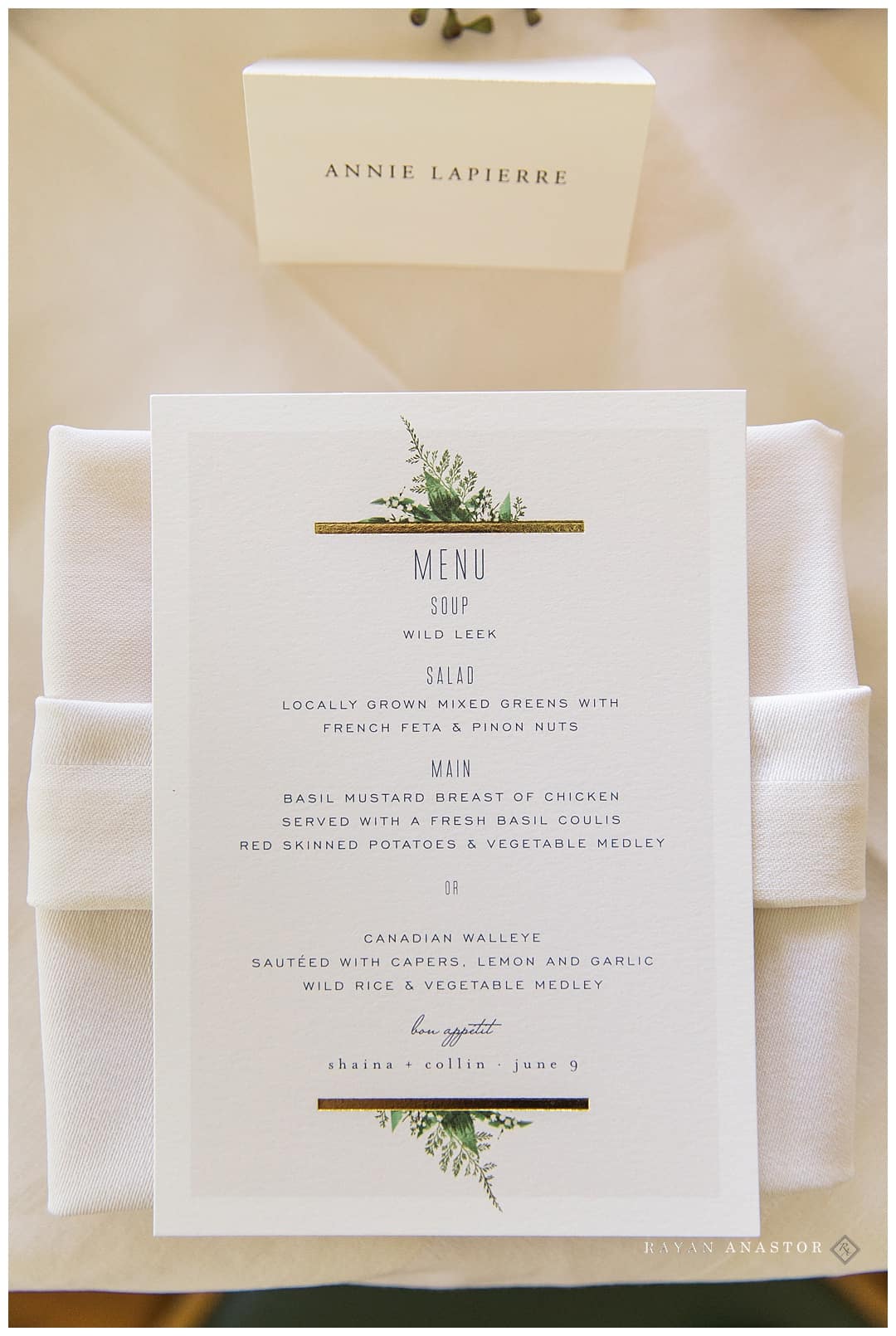 white and green wedding reception menu