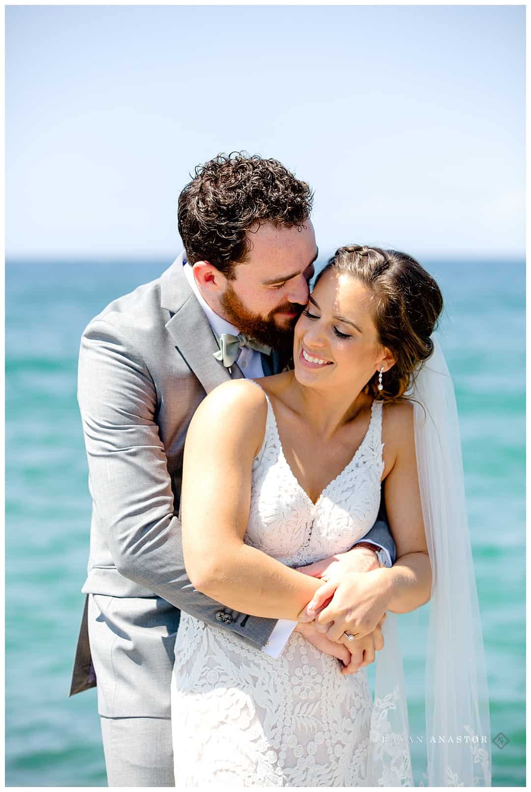 bride and groom on Lake Michigan