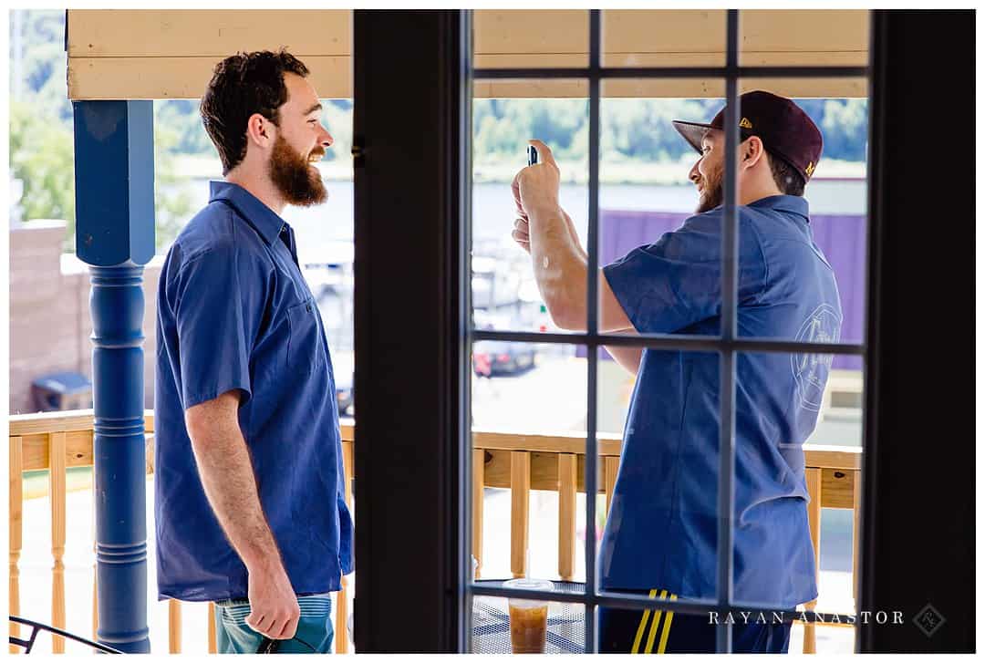 bearded groom and best man