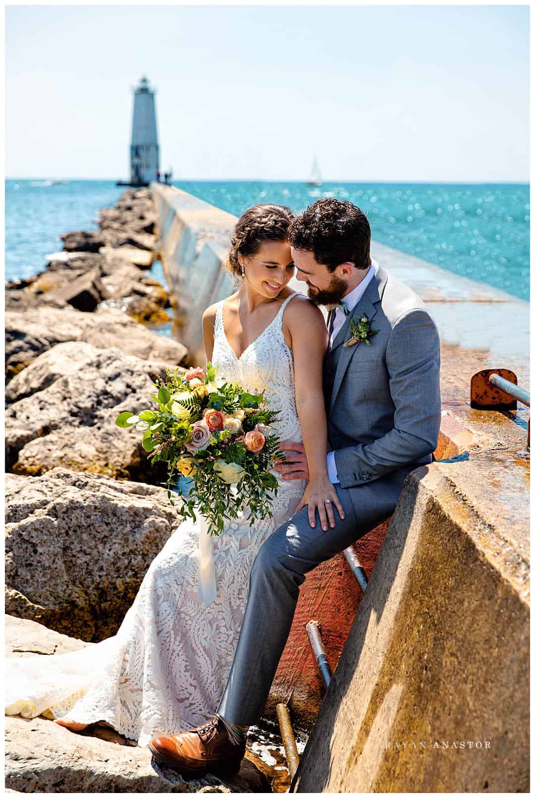 bride and groom on Frankfort pier