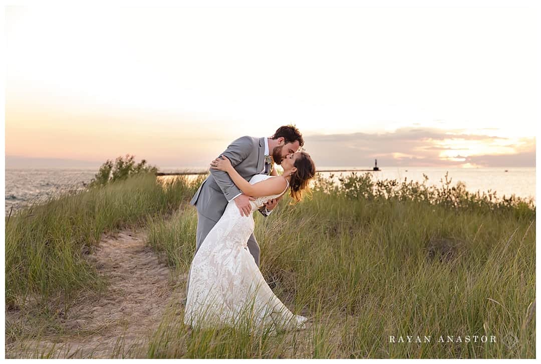 Sunset Wedding Photo on Elberta Beach at Lake Michigan