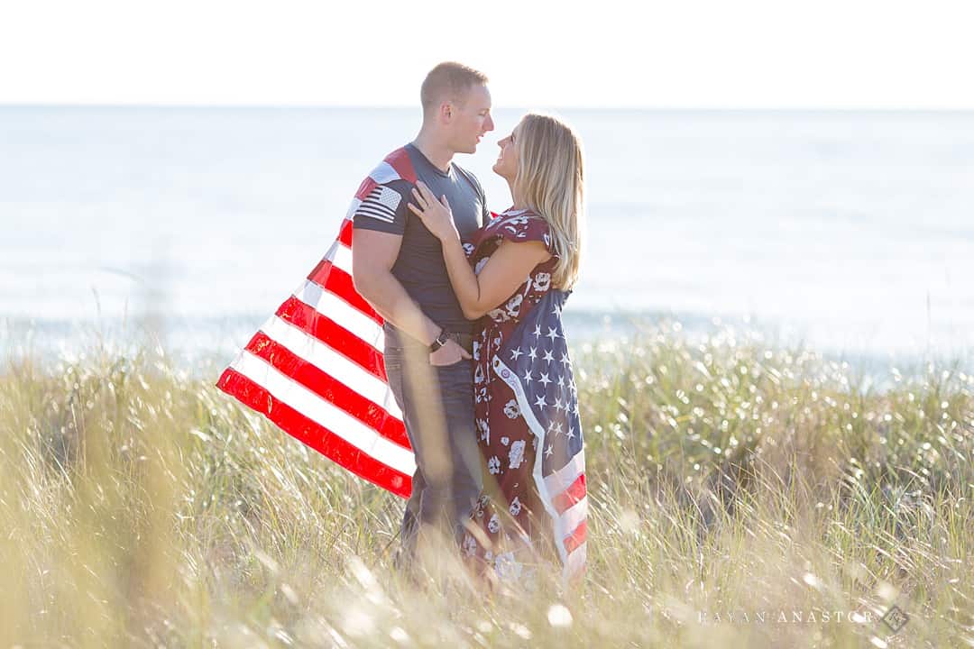 army veteran engagement photos with the American flag