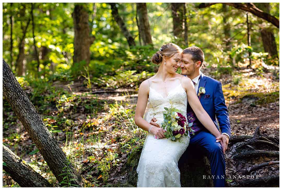 bride and groom on fallen tree over river