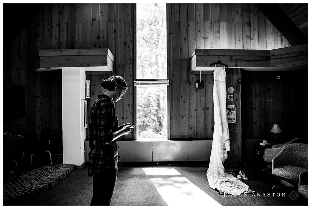 wedding dress hanging inside the school