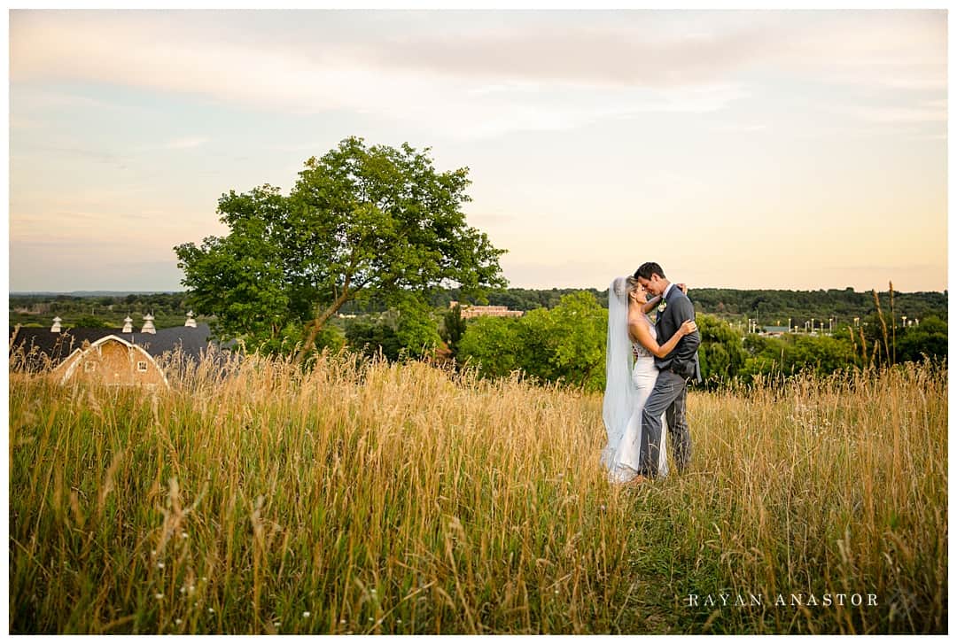 bride and groom in field at sunset overlooking traverse city