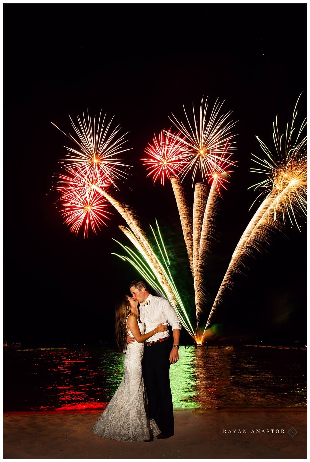 fireworks at wedding over crystal lake
