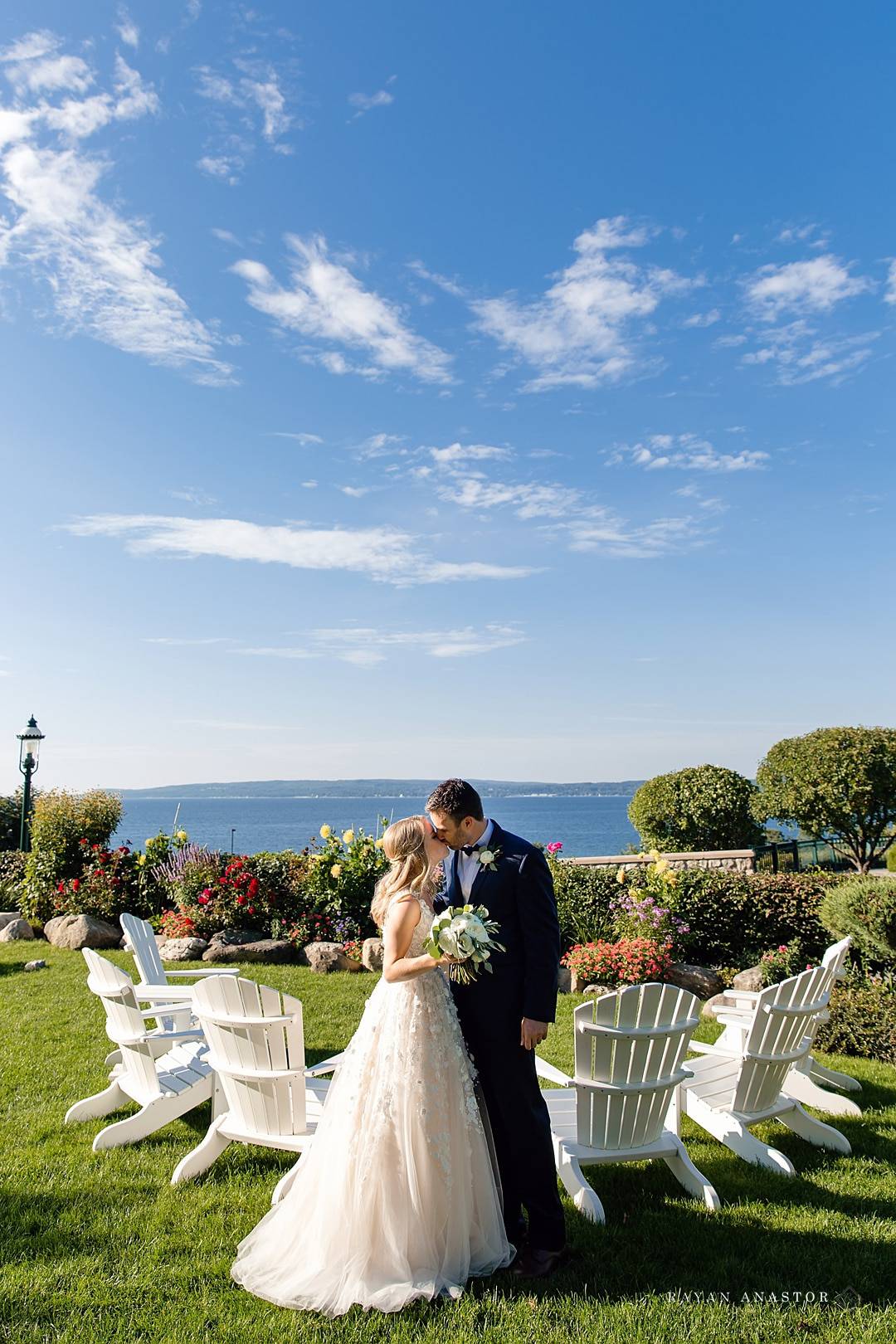 bride and groom enjoying the view in Petoskey
