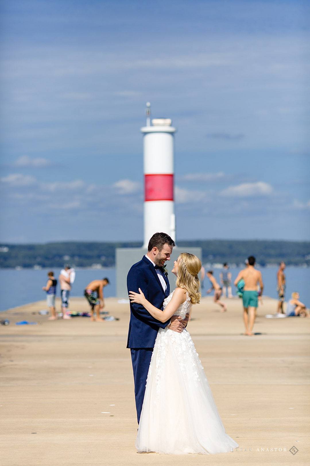 bride and groom photos downtown Petoskey