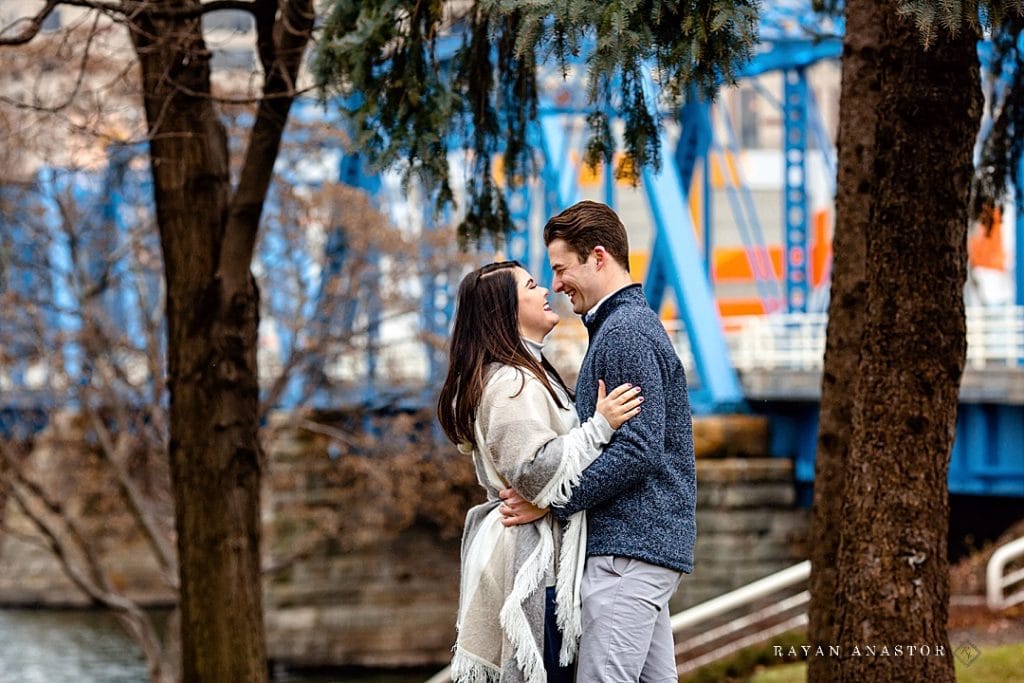 Winter Engagement photos in downtown Grand Rapids by the Blue Bridge