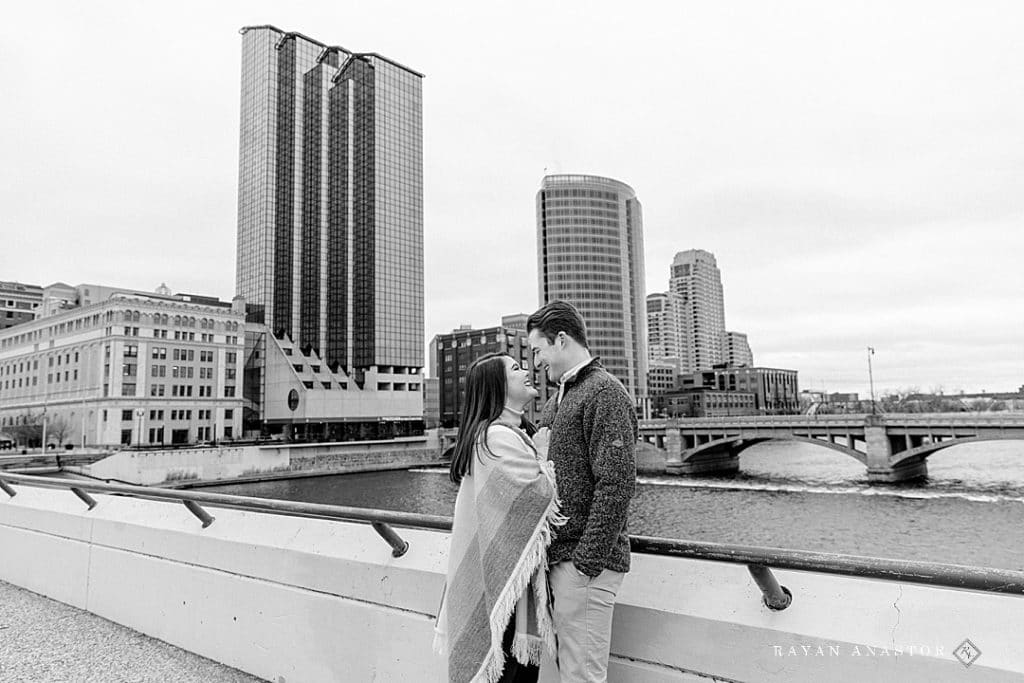 Winter Engagement photos in downtown Grand Rapids by the Gerald Ford Museum
