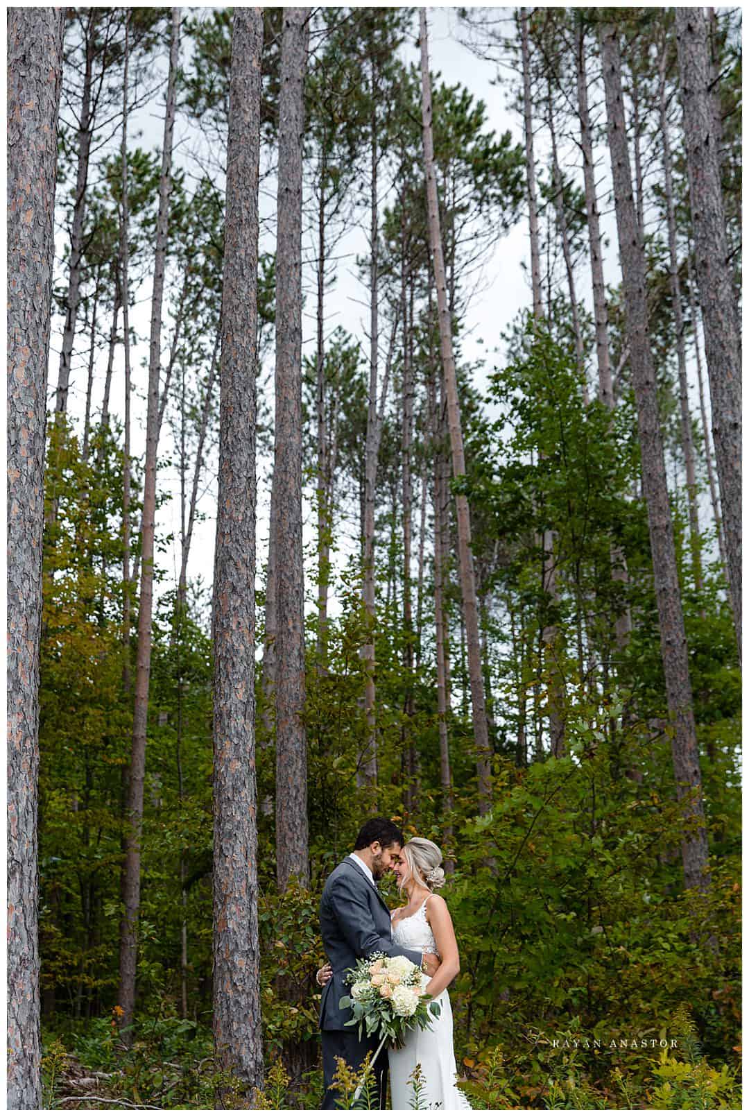 wedding couple in tall pines in Cadillac Michigan
