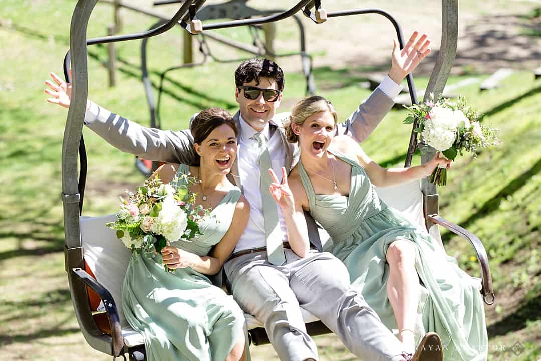 bridal party riding up chair lift