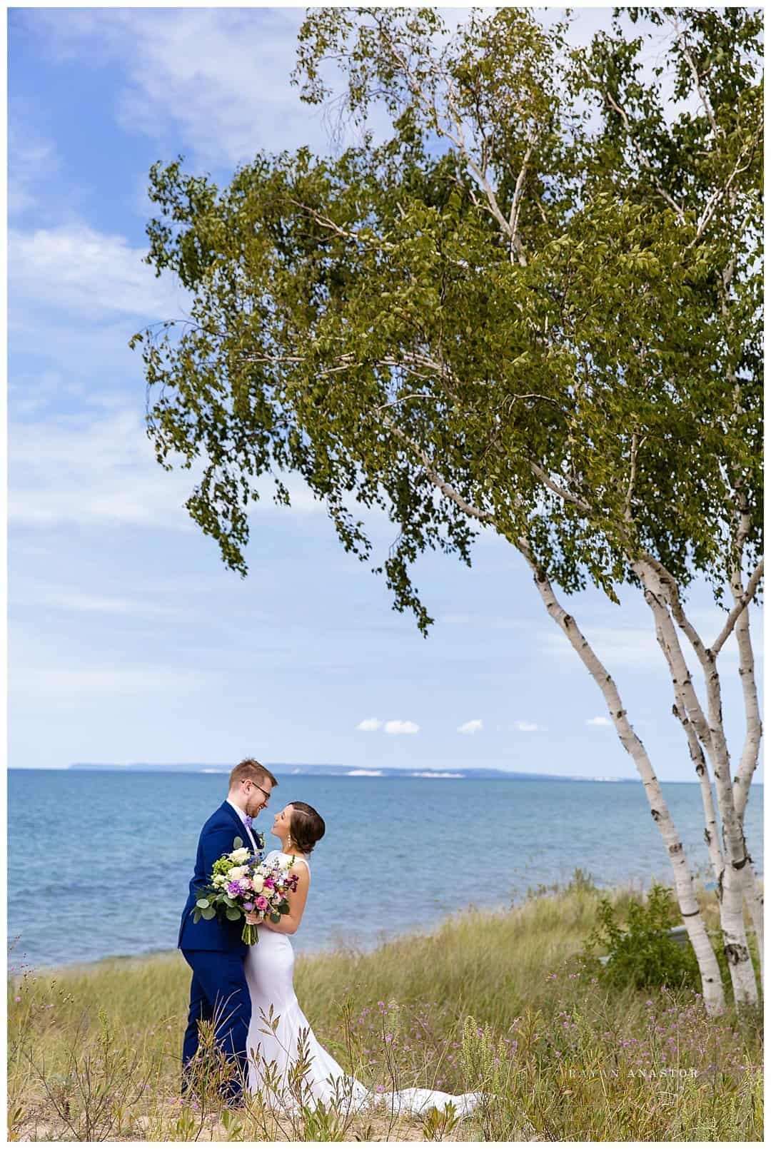 bride and groom at Lake Michigan