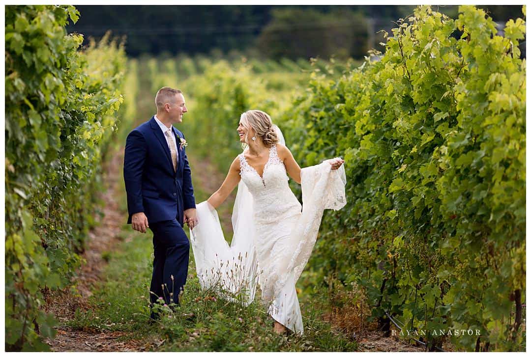 bride and groom walking through rove winery
