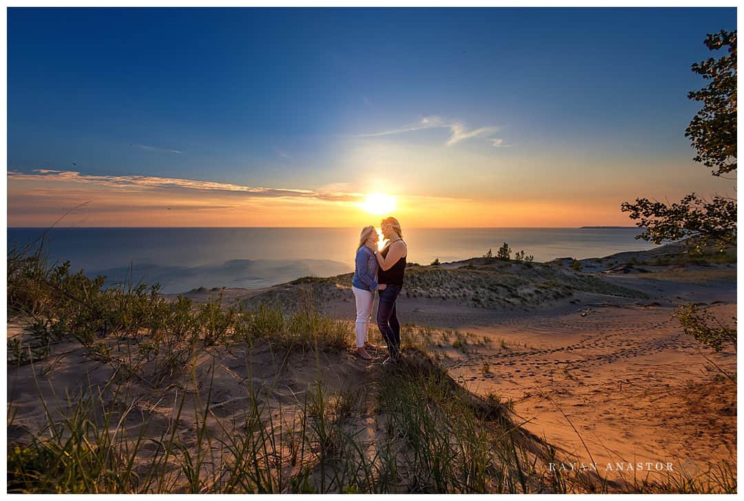 Sand Dunes Engagement Session at Sunset overlooking Lake Michigan